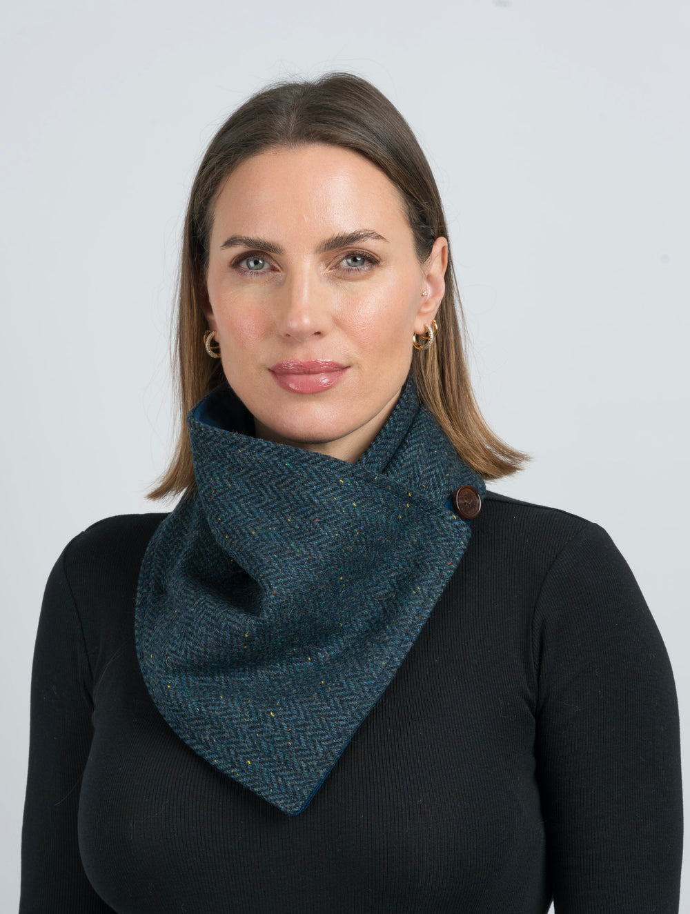 Blue Herringbone Tweed Snood with Reversible Blue Velvet Snood