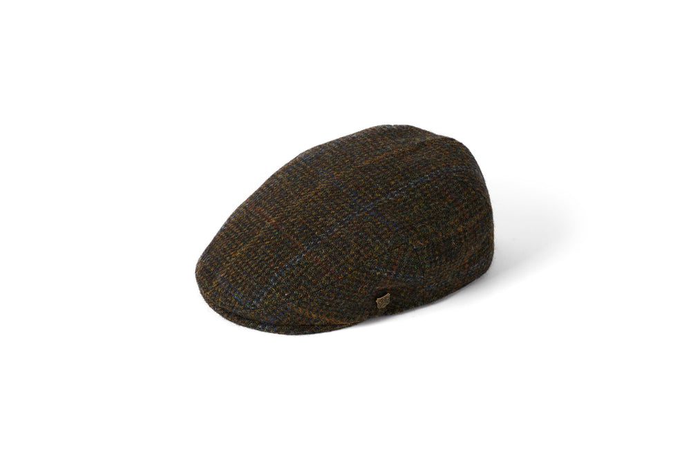 Casquette plate à carreaux verts et marron en tweed Harris