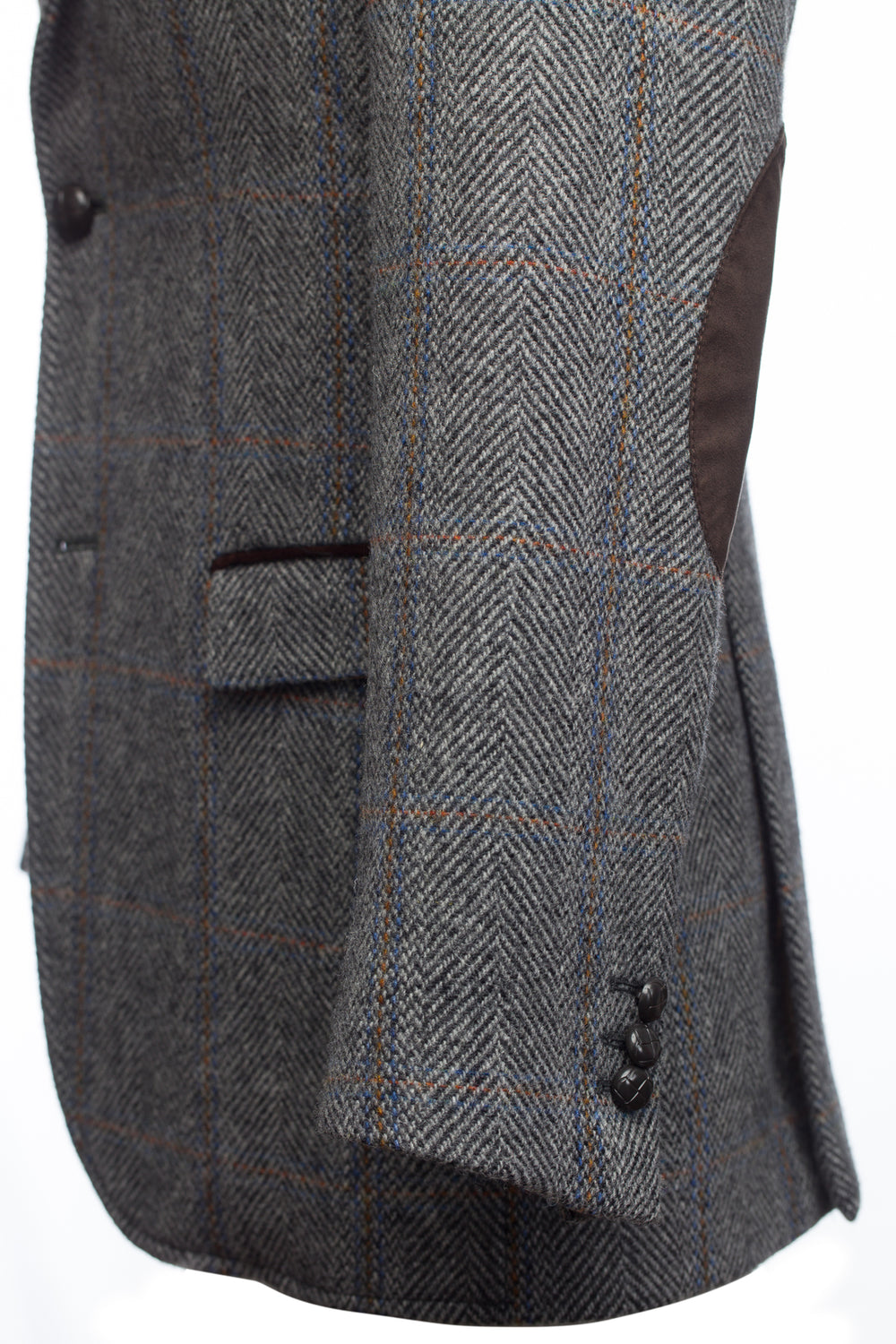 Graue Jagd-Tweedjacke mit Moleskin-Besatz