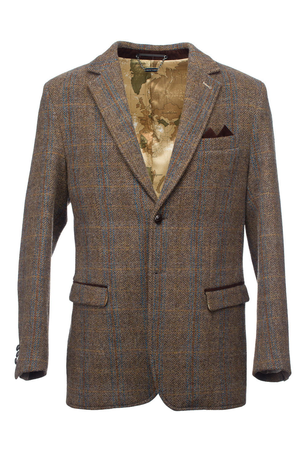 Veste de chasse en tweed marron avec bordure en moleskine