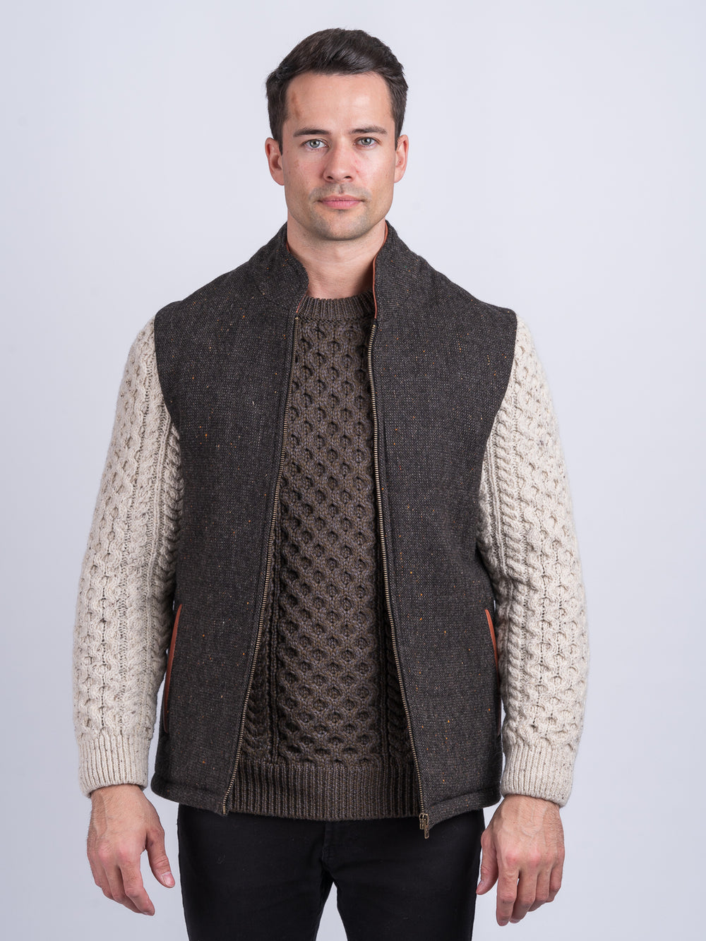 Brown Shackleton Jacket with Natural Cable Knit Sleeve