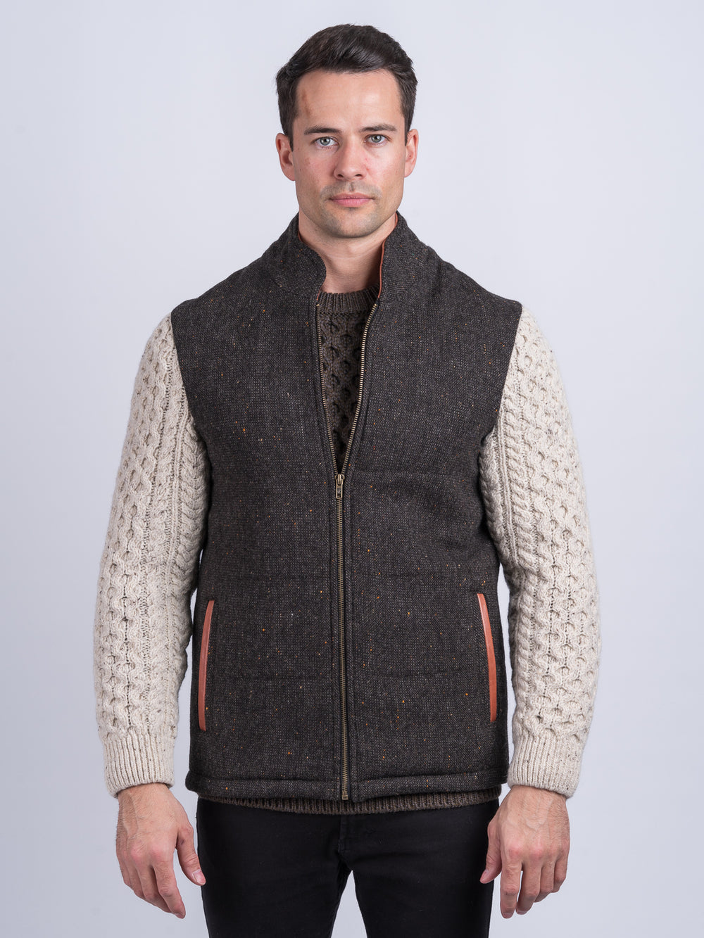 Brown Shackleton Jacket with Natural Cable Knit Sleeve