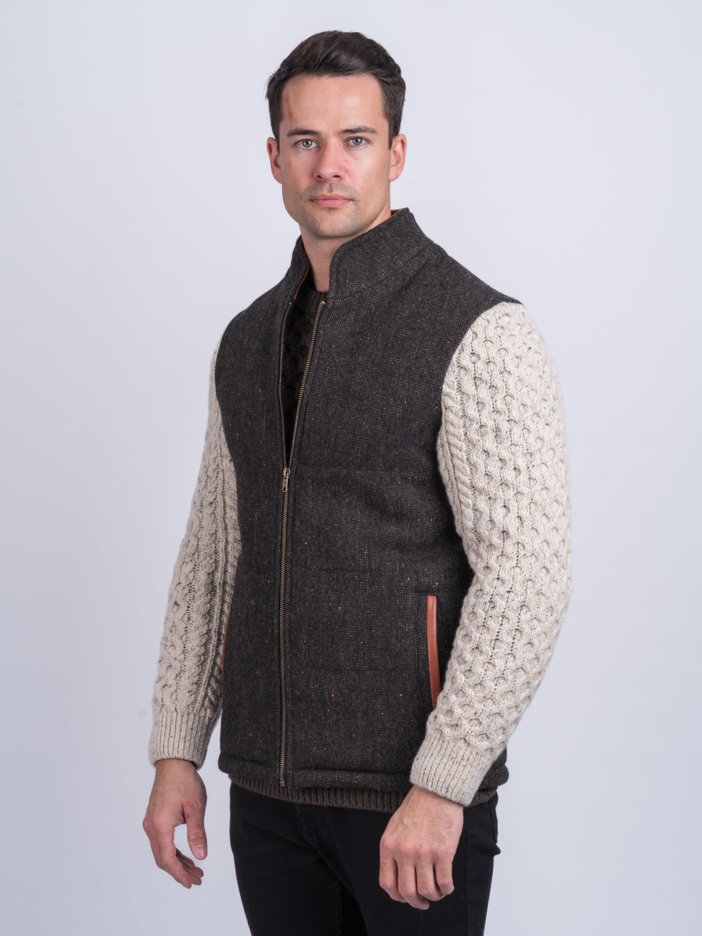 Brown Shackleton Jacket with Natural Cable Knit Sleeve