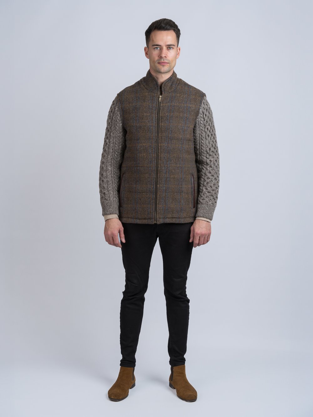 Veste Shackleton marron cheval avec manches en tricot torsadé Rocky Road