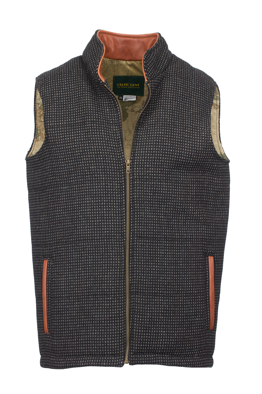 Black Check Tweed Bodywarmer with Leather Trims