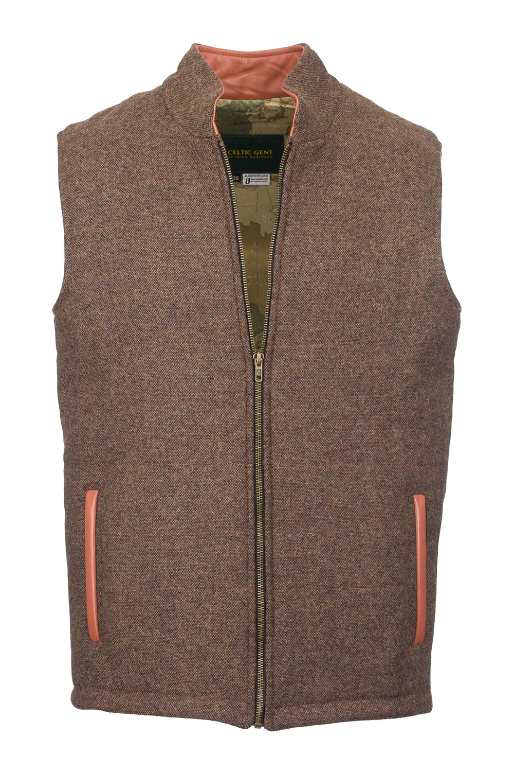 Gilet sans manches en tweed marron avec bordures en cuir Burns Barleycorn