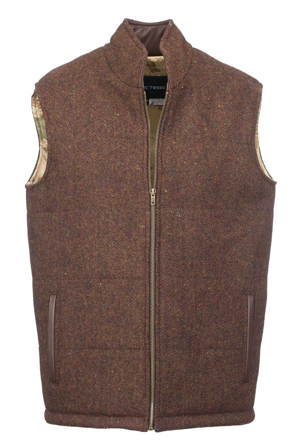 Brown Herringbone Tweed Bodywarmer with Leather Trims