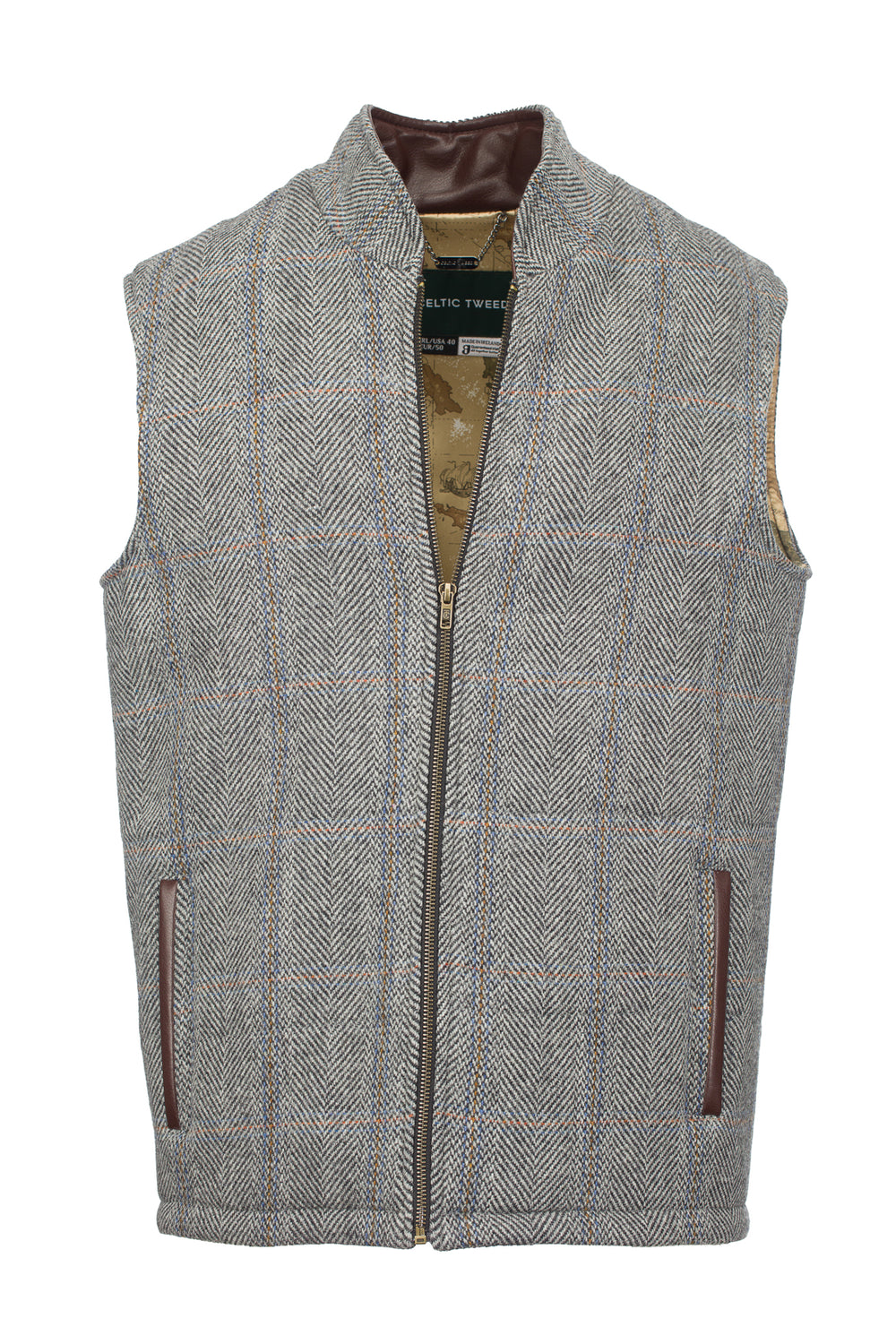 Grey Hunting Tweed Bodywarmer with Leather Trims