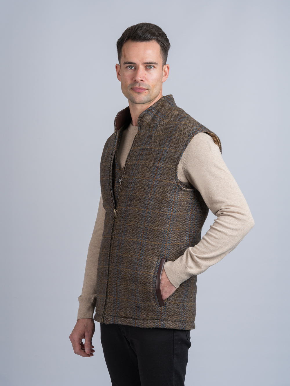 Brown Hunting Tweed Bodywarmer With Leather Trims