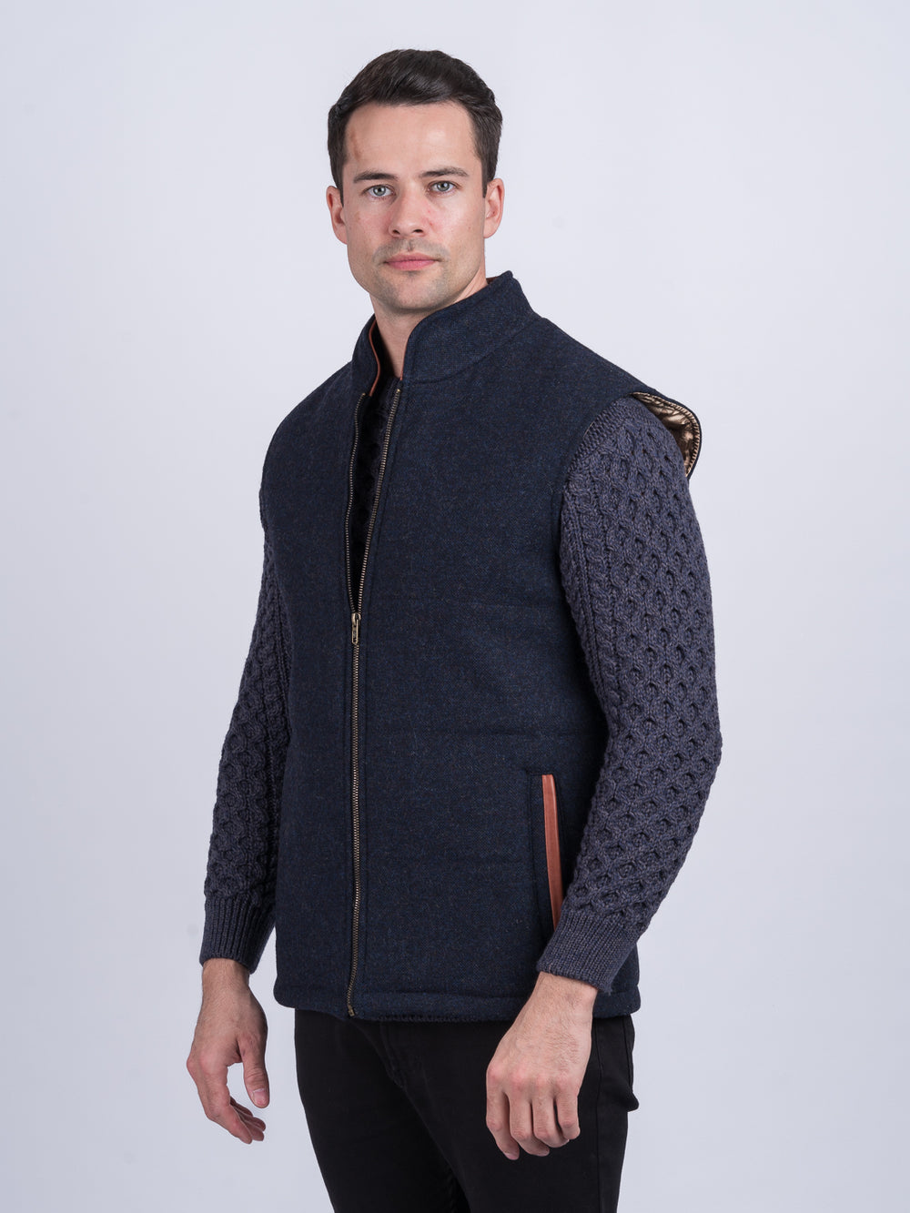 Navy Tweed Bodywarmer with Leather Trims