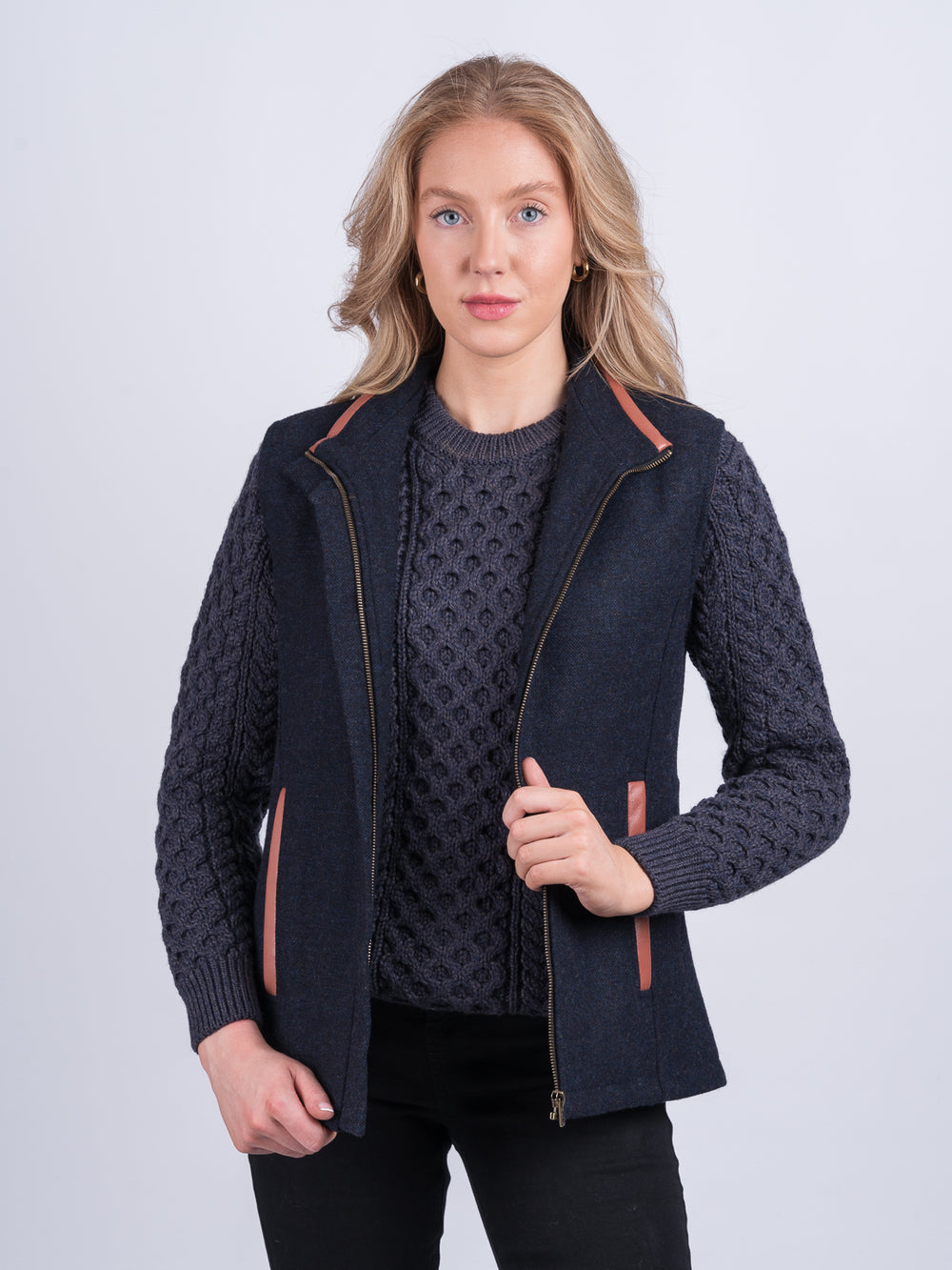 Women's Navy Gilet with Leather Trim