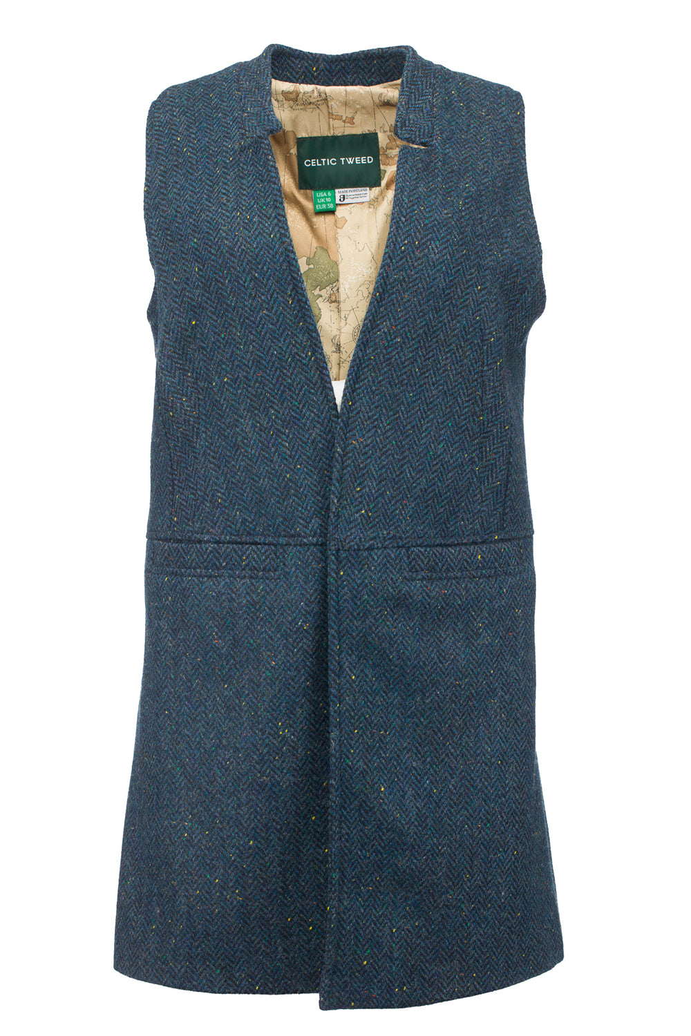 Long Blue Herringbone Gilet with Pockets