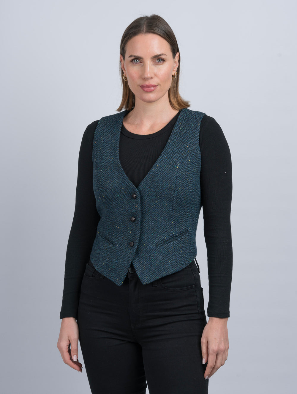 Women's Blue Herringbone Tweed Waistcoat