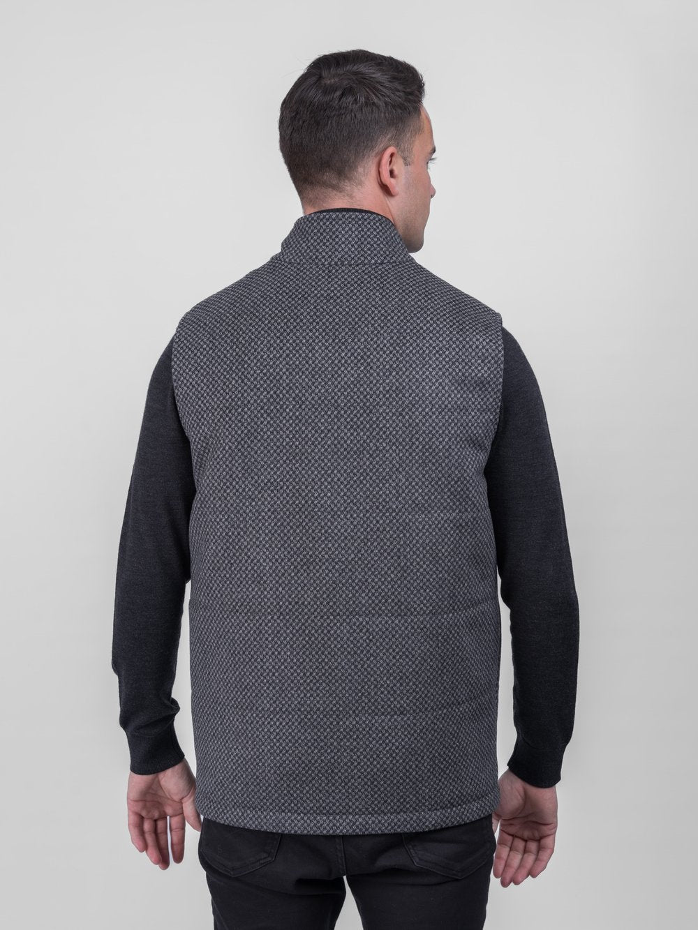 Griffin Dark Grey with Light Grey Diamond Pattern Tweed Bodywarmer with Leather Trims