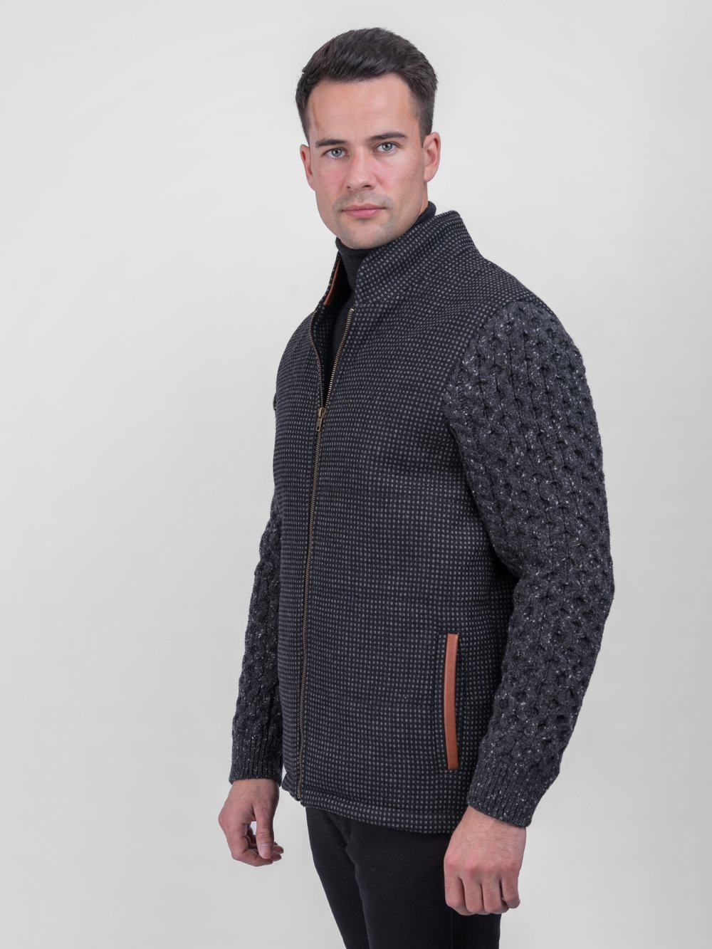 Black Shackleton Jacket with Charcoal Cable Knit Sleeve