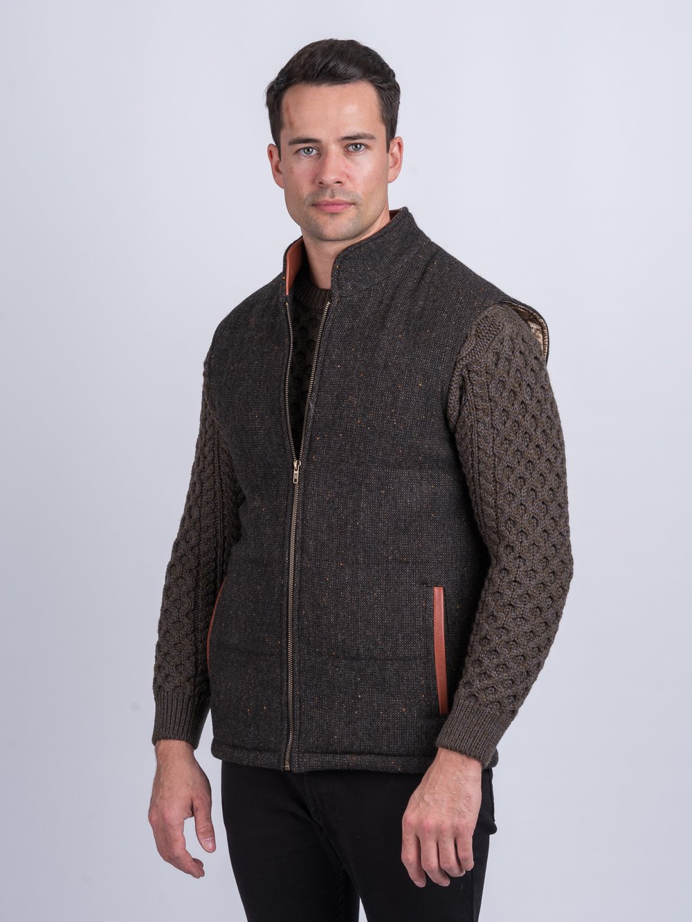 Brown Tweed Bodywarmer with Leather Trims