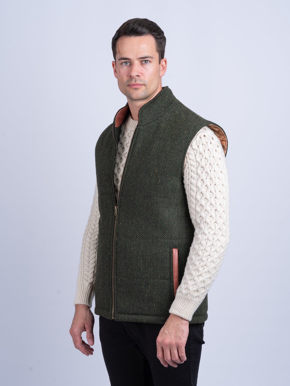 Green Tweed Bodywarmer with Leather Trims