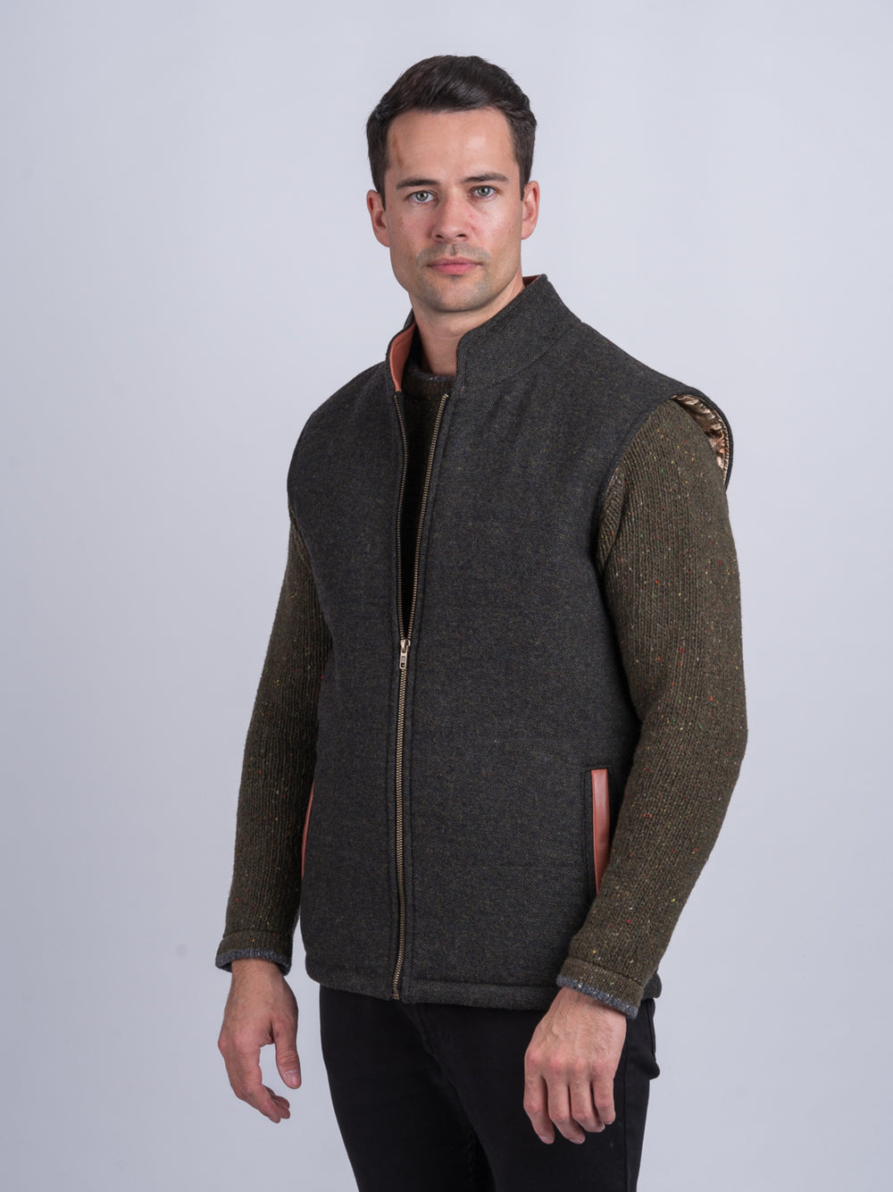 Light Green Tweed Bodywarmer with Leather Trims