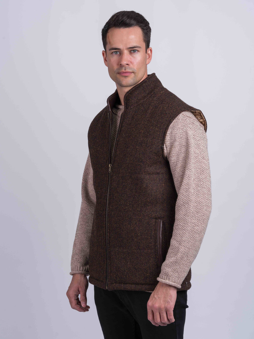 Brown Herringbone Tweed Bodywarmer with Leather Trims