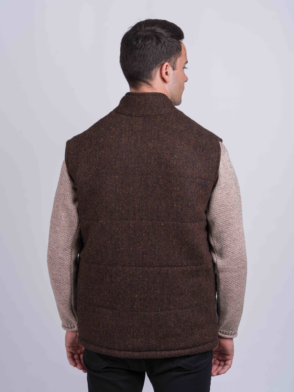 Brown Herringbone Tweed Bodywarmer with Leather Trims