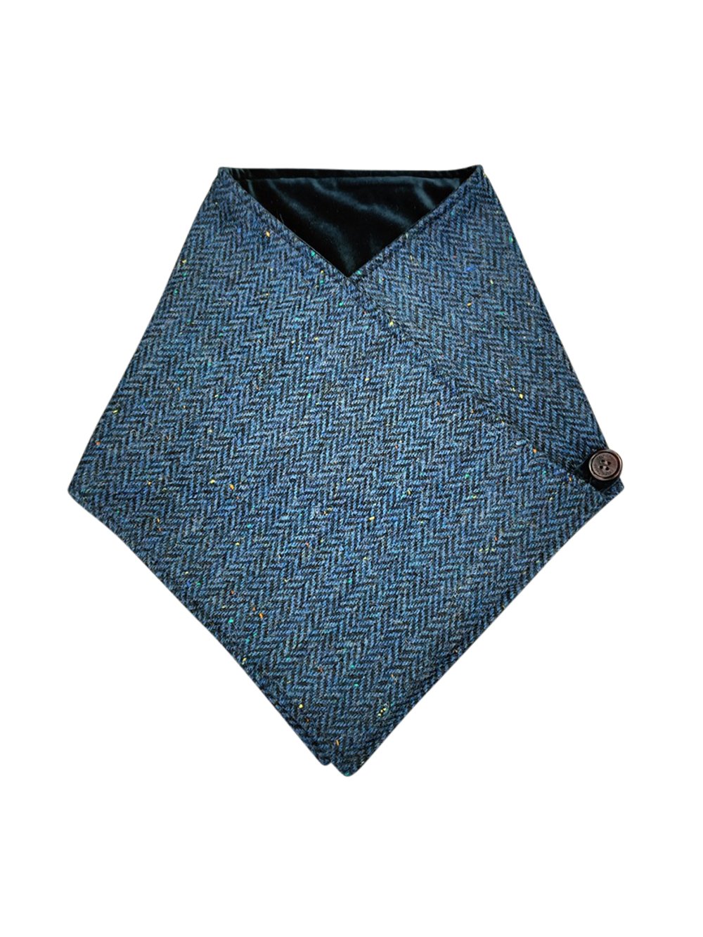 Blauer Tweed-Schal mit Fischgrätenmuster und wendbarer blauer Samt-Schal