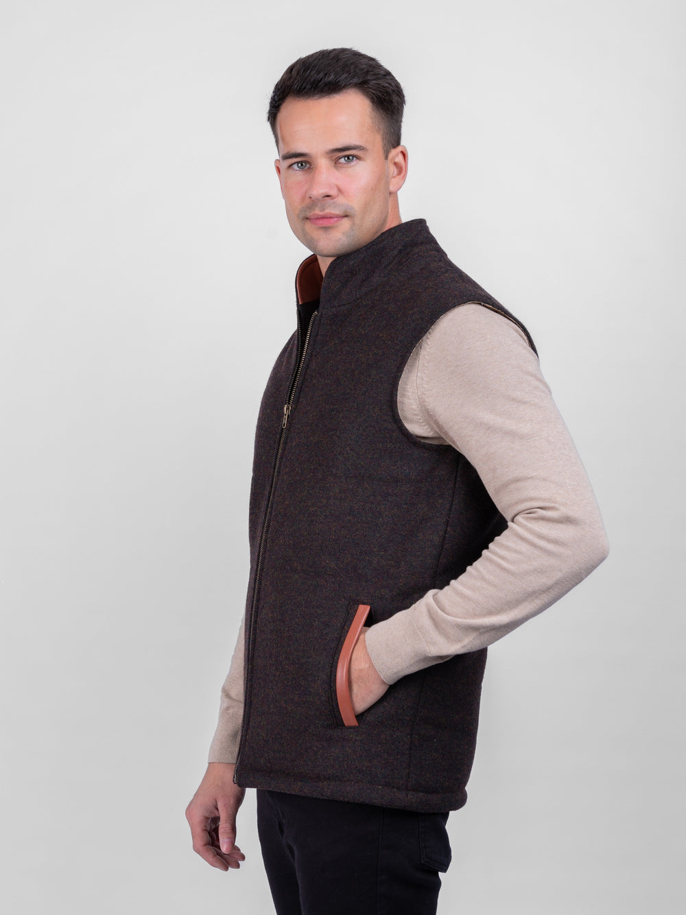 Peat Tweed Bodywarmer with Leather Trims