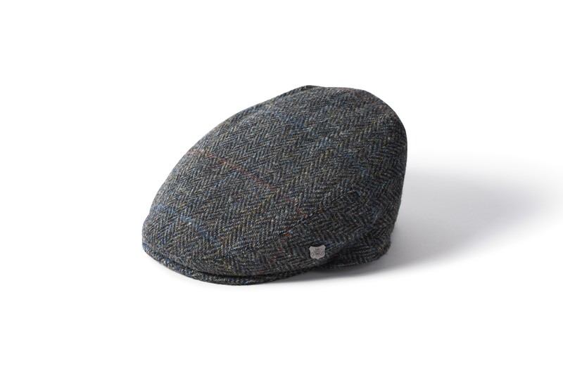 Schiebermütze aus Harris Tweed in Grau und Blau mit Karomuster