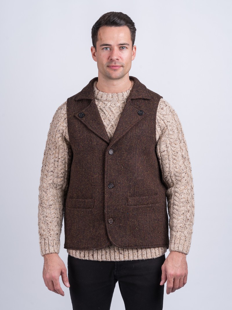 Man Of Aran Brown Herringbone Tweed Waistcoat & Vest