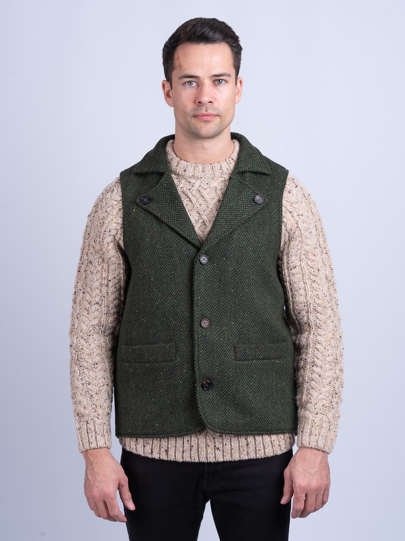 Man Of Aran Green Herringbone Tweed Waistcoat & Vest