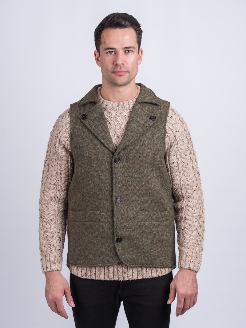 Man Of Aran Moss Green Herringbone Tweed Waistcoat & Vest