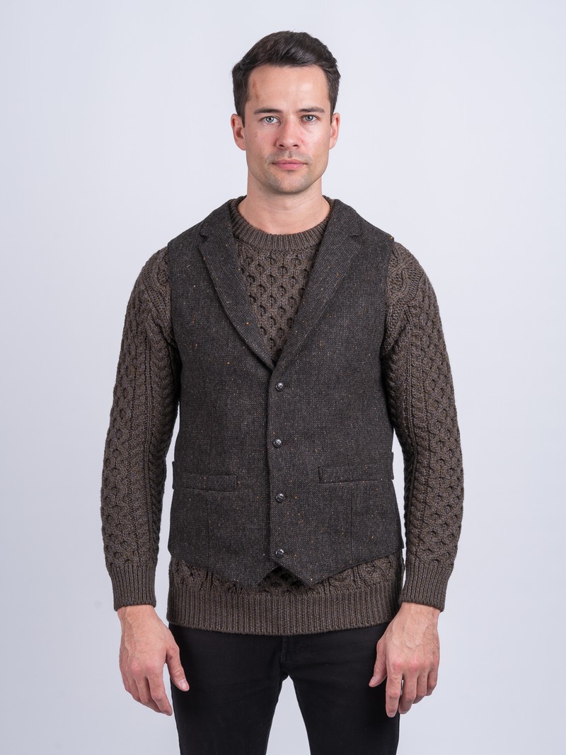 Oscar Wilde Brown Hopsack Tweed Waistcoat & Vest With Revere