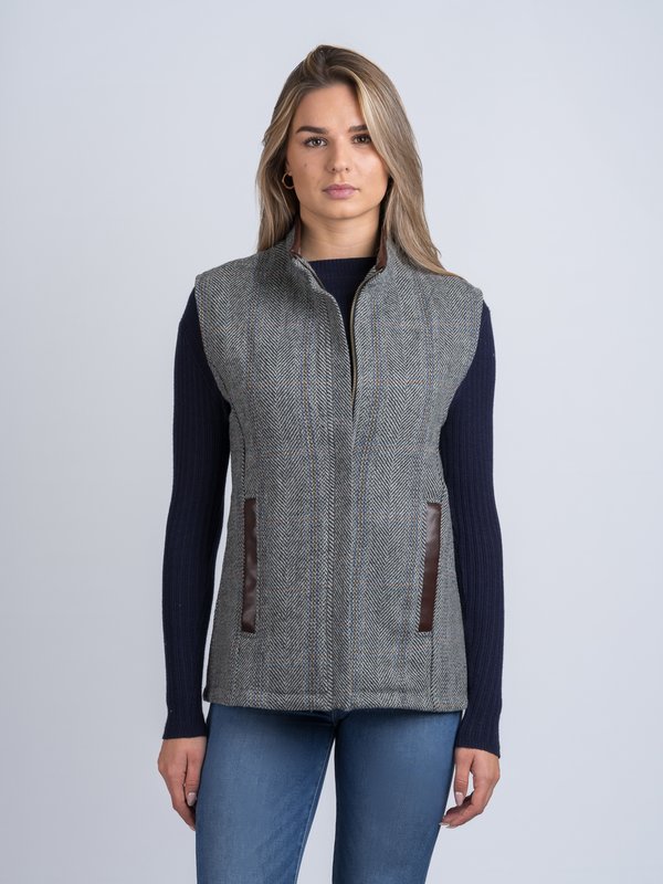 Gilet sans manches en tweed de chasse gris avec bordure en cuir