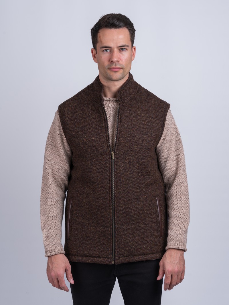 Brown Herringbone Tweed Bodywarmer with Leather Trims - Brown