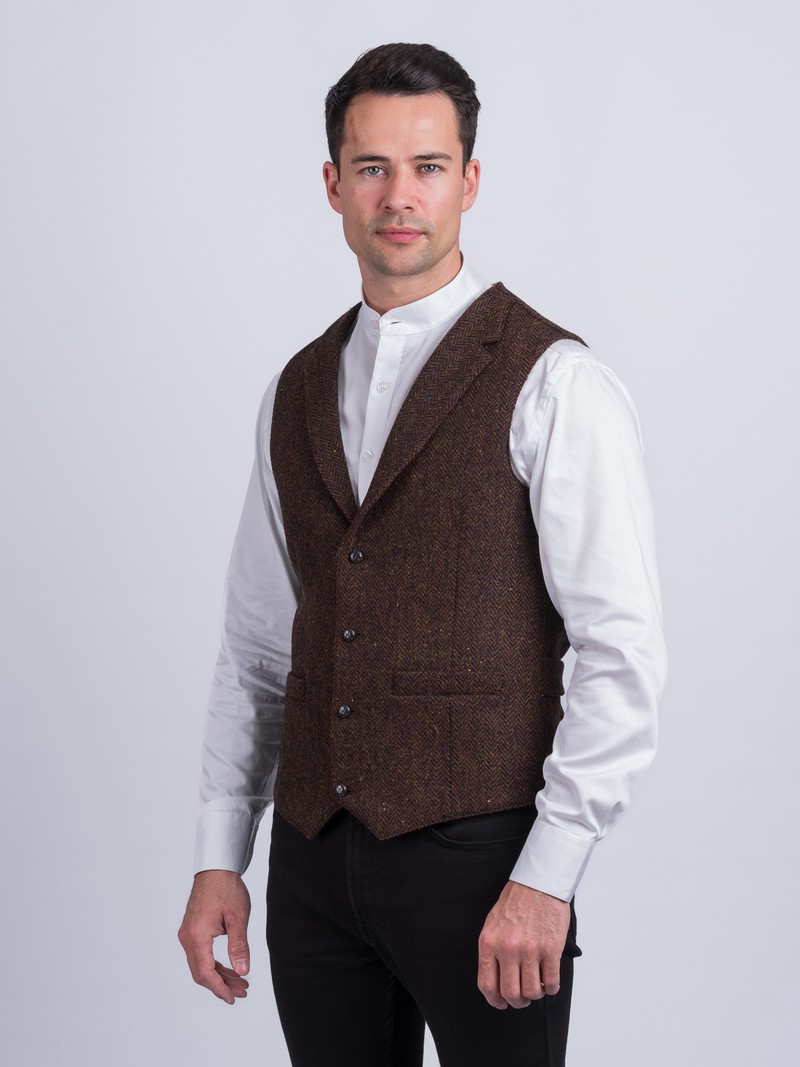 Brown Herringbone Tweed Waistcoat & Vest With Revere - Brown