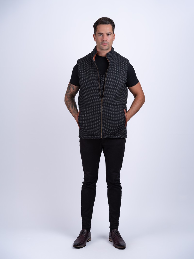 Black Check Tweed Bodywarmer with Leather Trims - Black