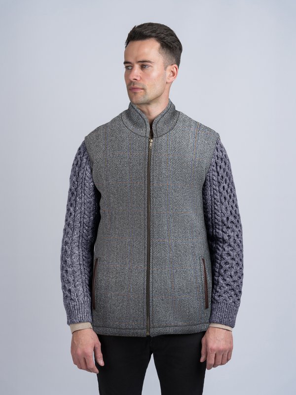 Grey Hunting Shackleton Jacket with Navy Marl Cable Knit Sleeve - Gray