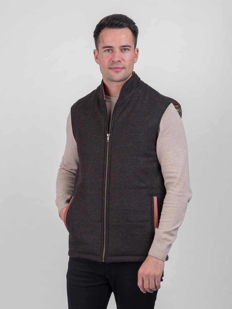 Gilet sans manches en tweed tourbe avec bordures en cuir - Tourbe